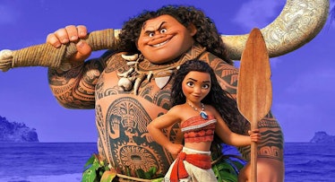 Moana and Maui posing with their hand-made tools.