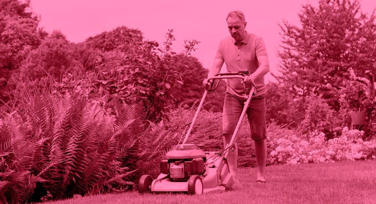 A man who became a lawn guy mowing his lawn