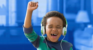 Kid enjoying rock songs.