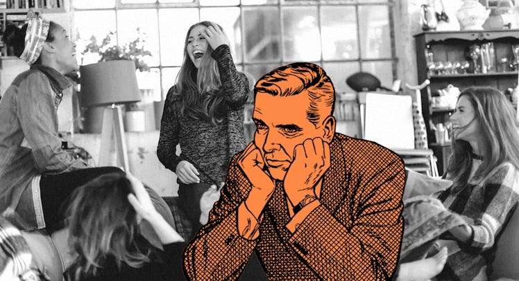 Collage of a jealous husband and his wife's friends