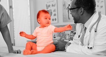 greyscale edit of 1-year-old baby on onesie reaching out towards a doctor in a white coat administer...
