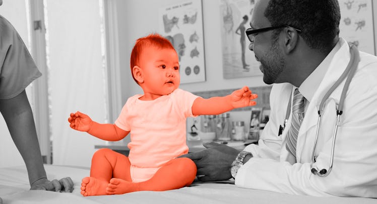 greyscale edit of 1-year-old baby on onesie reaching out towards a doctor in a white coat administer...