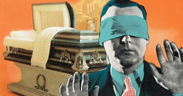 A casket and a blindfolded man at the front refusing to plan for his death