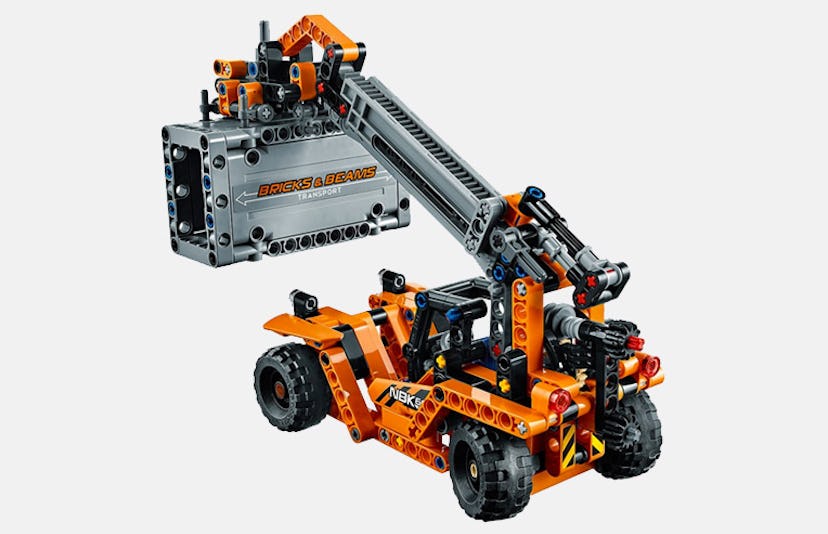 Lego Container Yard orange truck with black wheels and a "Bricks and Beams Transport" container held...