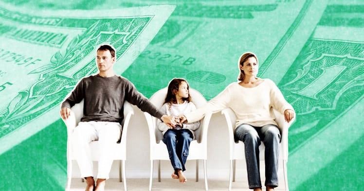 a couple who have joint custody sit in a mediation room holding hands to support the child in their .