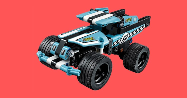 Lego stunt truck in light blue with the number 9 on the side.
