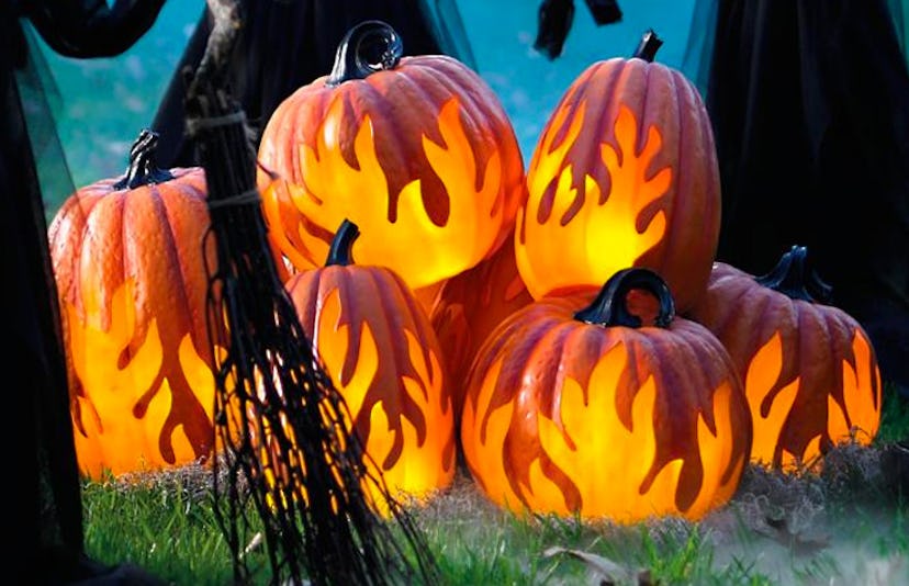 Grandin Road Flame Lighted Pumpkins as a scary Halloween decoration