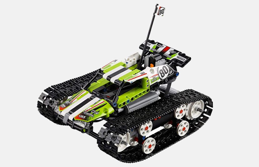 Green Lego RC Tracked Racer with a black tank-like track system instead of wheels and the number 80 ...