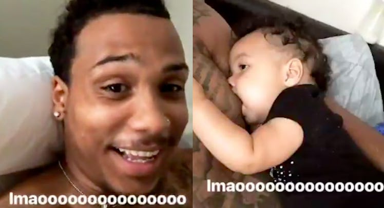 A dad's face in surprise next to a picture of his newborn baby trying to breastfeed from him
