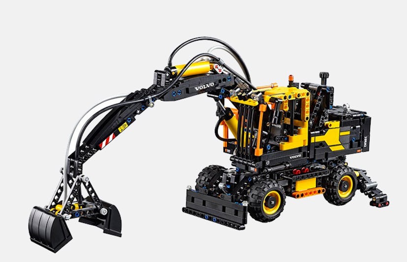 Yellow and black Lego Volvo EW160E Excavator that can be transformed into a compact material handler...