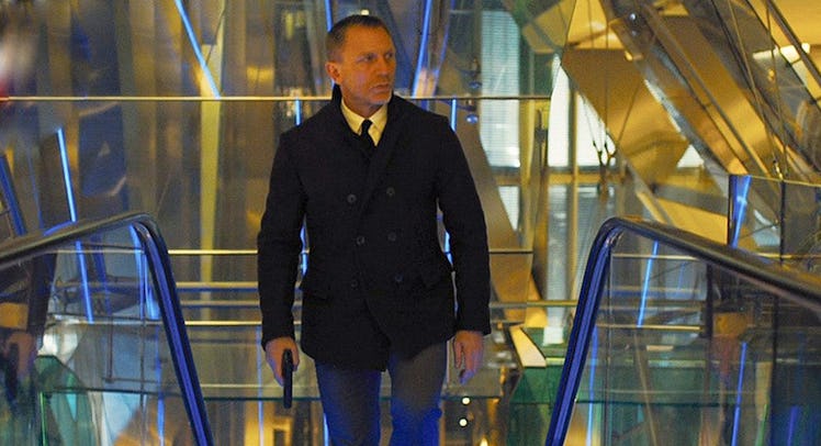Daniel Craig in a scene from the new James Bond movie wearing a winter coat