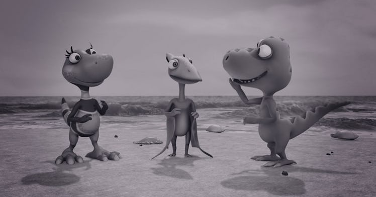 Three dinosaurs from "Dinosaur Train" on a beach