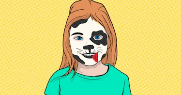 cartoon of a girl in funny spotted dog face paint - against a yellow backdrop