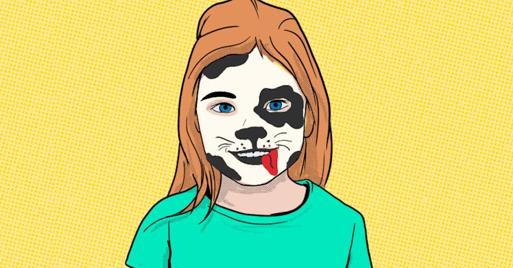 cartoon of a girl in funny spotted dog face paint - against a yellow backdrop