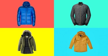 4 mens winter coat pictured against a colored background