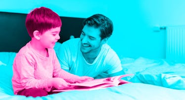 blue and pink photo edit of a father reading funny nursery rhymes for kids with his son