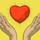 illustration of hands cupping red heart on yellow background