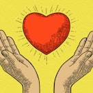 illustration of hands cupping red heart on yellow background