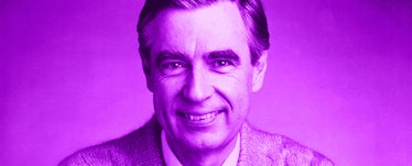 Mister rodgers wearing his iconic sweater, smiling at the camera. purple color filter