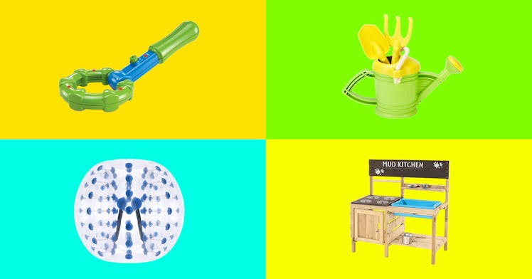 small checkerboard showing four outdoor toys for kids each against a different bright color yellow o...