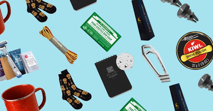 an array of cheap gifts for men against a blue background