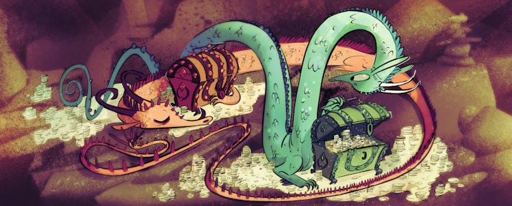 An illustration of two dragons and one of them is protecting treasure with gold