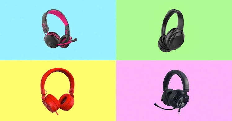 Volume-limiting headphones for kids, set against a multi-colored background.