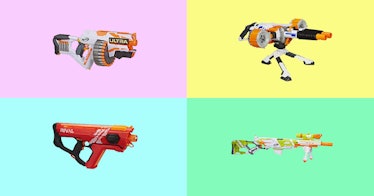 four powerful nerf guns displayed on multicolored background