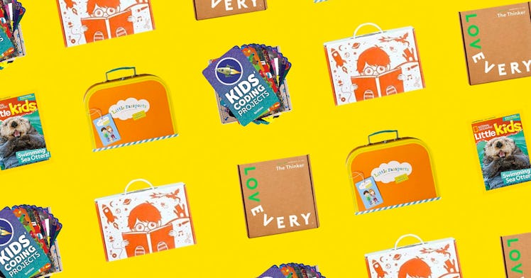 Toy subscription boxes for kids against a yellow background