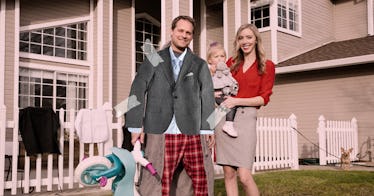 Two working parents, the mom is holding their kid and the dad is holding the kid's bike 