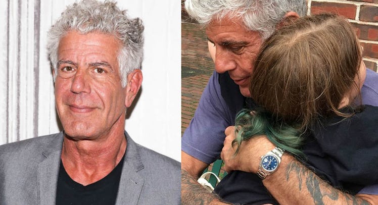 A two-part collage of Anthony Bourdain and him hugging his daughter, who's had a heartbreaking react...