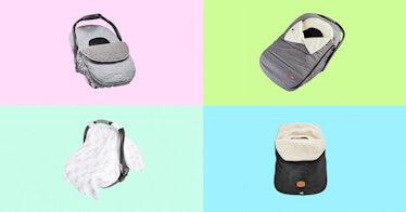 Winter car seat covers and baby car seat covers against a multi-colored background