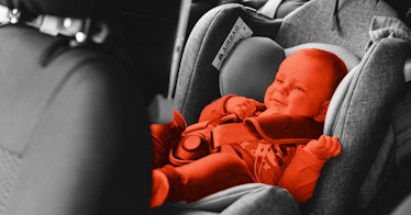 greyscale edit of 8-month-old baby in car seat with head support