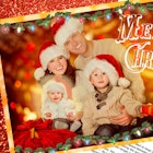 A holiday card with a photo of family consisted of two parents and two kids and "Merry Christmas" te...