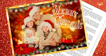 A holiday card with a photo of family consisting of two parents and two kids and "Merry Christmas" t...