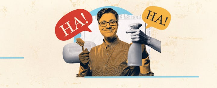 photo collage of a squeaky clean dad holding a scrub brush framed by funny joke speech bubbles