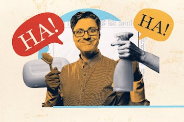 photo collage of a squeaky clean dad holding a scrub brush framed by funny joke speech bubbles