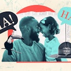 photo collage of a father and daughter laughing, framed speech bubbles that read "HA!"