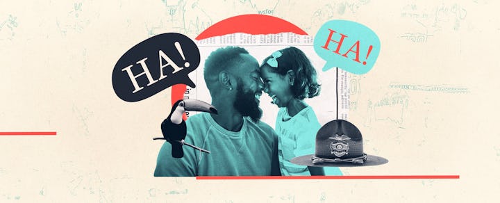 photo collage of a father and daughter laughing, framed speech bubbles that read "HA!"