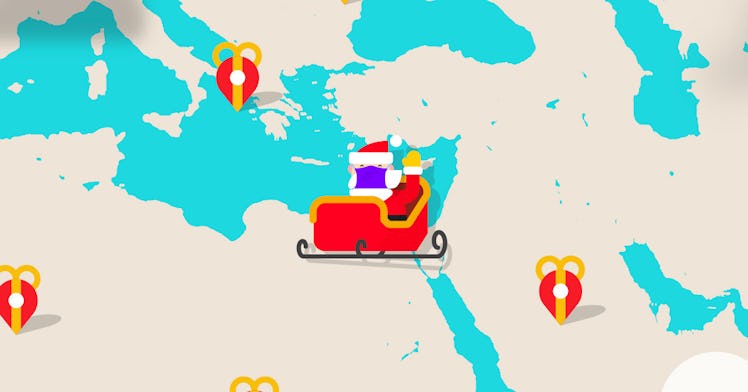 illustration of santa in a sleigh flying over Africa
