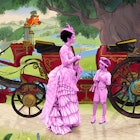 Mary Poppins movie characters with a cartoon backdrop of a horse and carriage