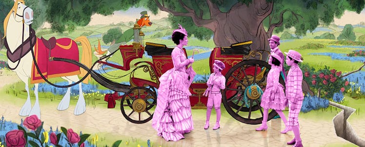 Mary Poppins movie characters with a cartoon backdrop of a horse and carriage