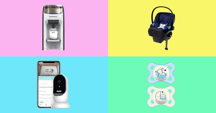 high tech baby gadgets pacifier, smart baby monitor, car seat alarm, and formula dispenser isolated ...