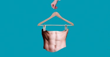 a clothes hanger holding up six pack abs on a blue background