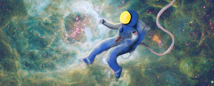 A drawing of a man in a space suit flying through the universe
