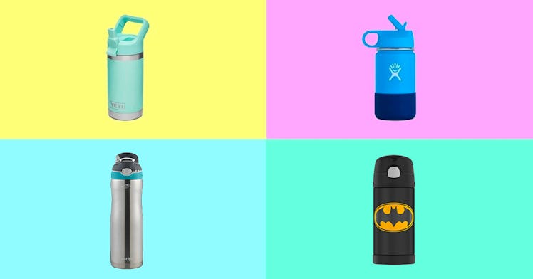 4 kids water bottle pictured against a multi colored backdrop