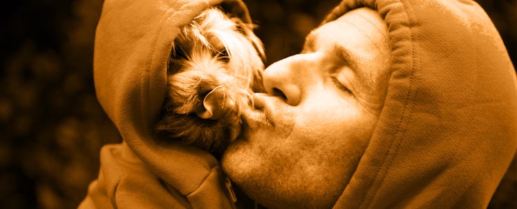 A dog owner kissing his dog 