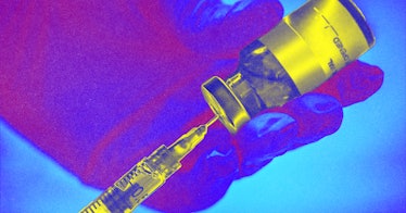 a needle withdrawing a flu vaccine from a vial edited in neon blue and yellow