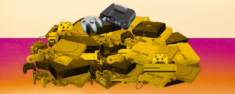 Illustration of a stack of old video game consoles