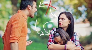 woman holding on the a girl argues with a man